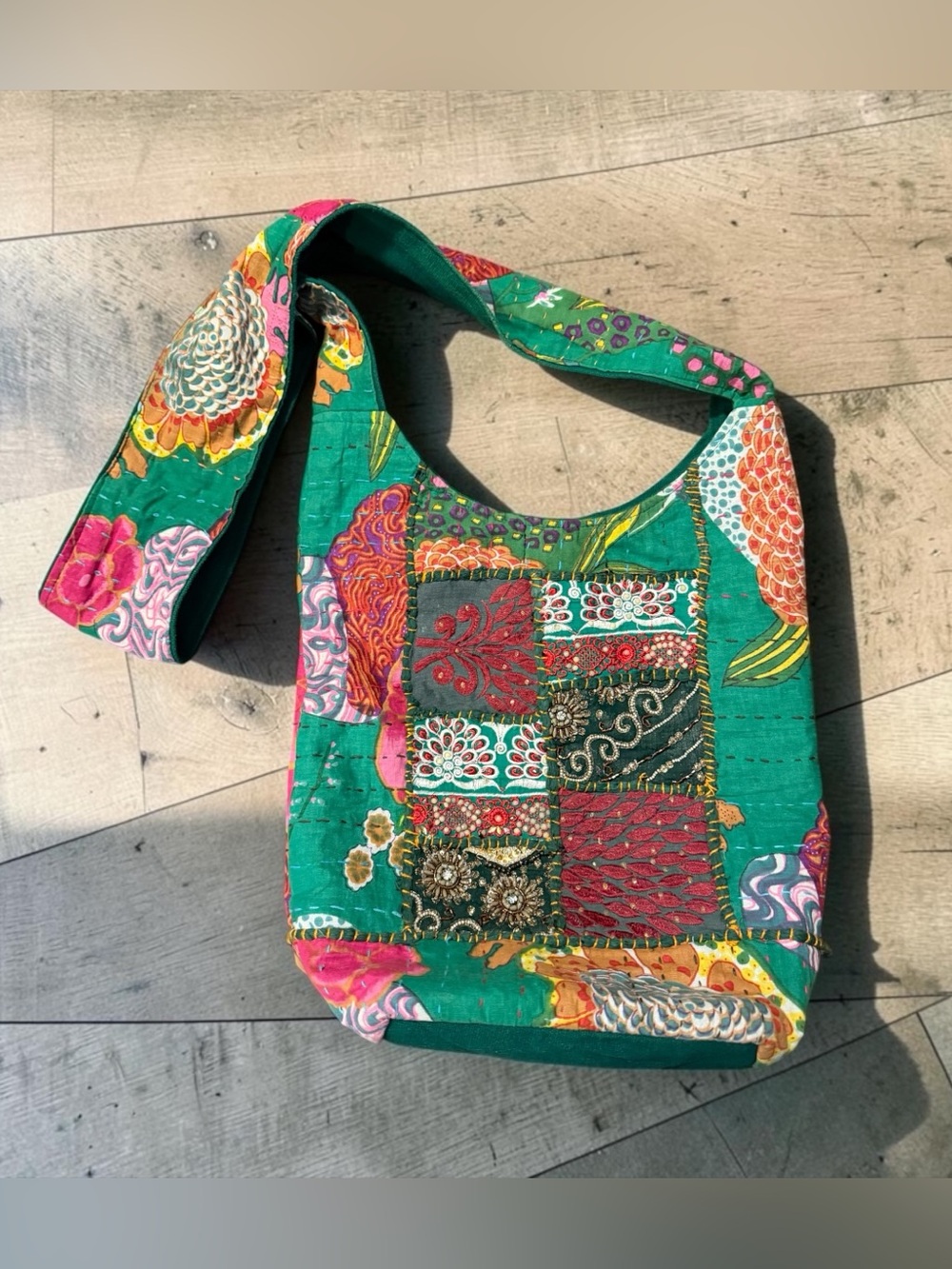 Green Floral Patchwork Shoulder Bag - Boho Tote